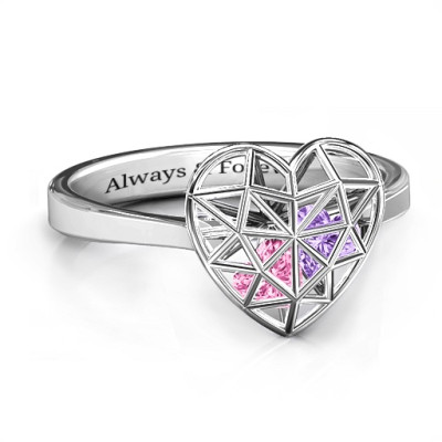 Diamond Heart Cage Solid White Gold Ring With Encased Heart Stones