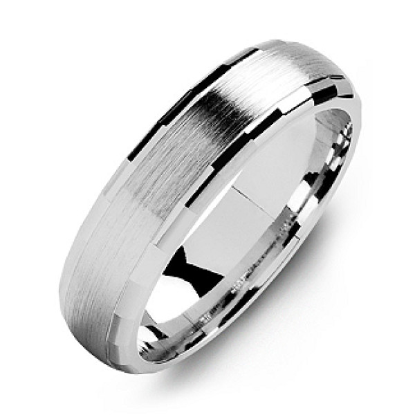 Dome-Shaped Brushed Men's Solid White Gold Ring with Baguette Edges