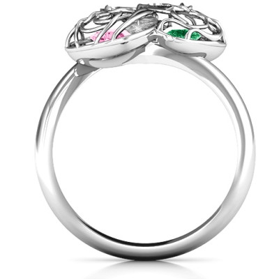Double Heart Cage Solid White Gold Ring with 1-6 Heart Shaped Birthstones