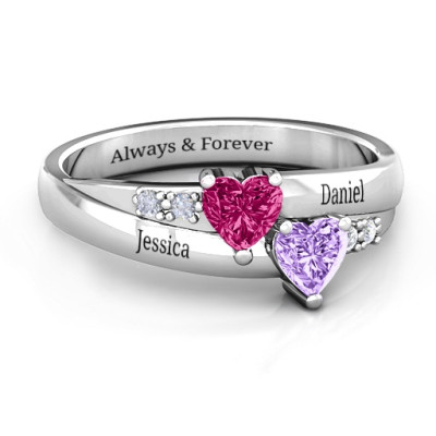 Double Heart Gemstone Solid White Gold Ring with Accents