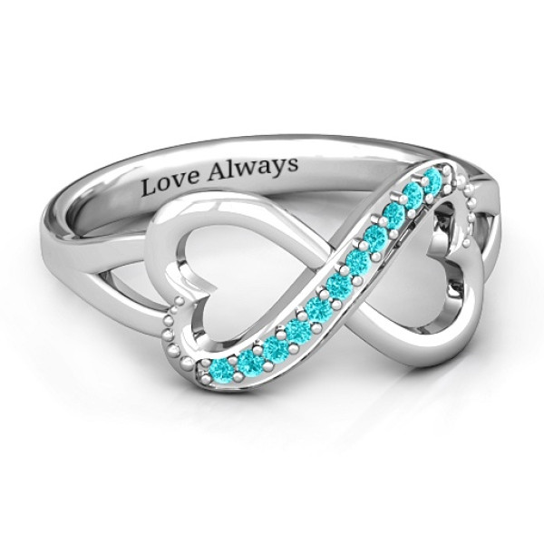 Double Heart Infinity Solid White Gold Ring with Accents