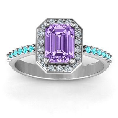 Emerald Cut Cocktail Solid White Gold Ring with Halo