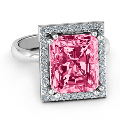 Emerald Cut Statement Solid White Gold Ring with Halo