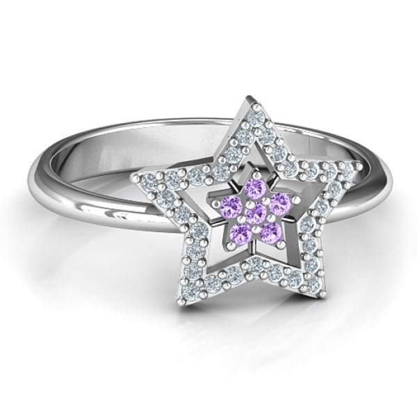 Floating Star with Halo Solid White Gold Ring