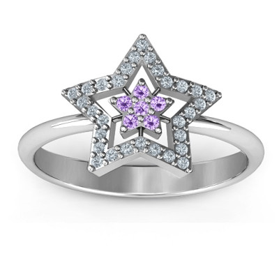 Floating Star with Halo Solid White Gold Ring
