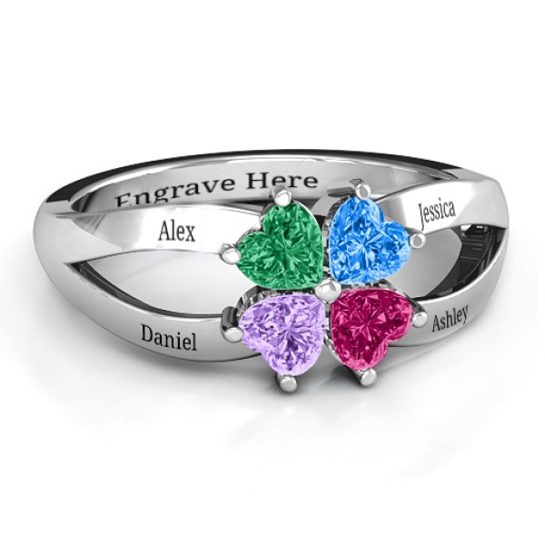 Four Clover Hearts Solid White Gold Ring