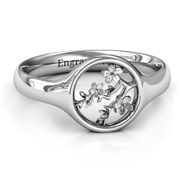 Full Circle Cherry Blossom Solid White Gold Ring