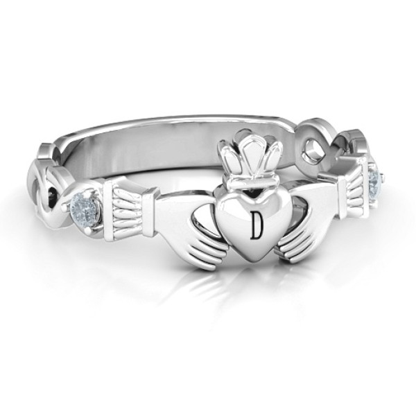 Infinity Claddagh With Side Stones Solid White Gold Ring