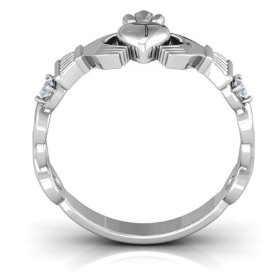 Infinity Claddagh With Side Stones Solid White Gold Ring