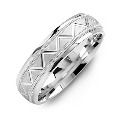 Men's Milgrain Solid White Gold Ring with Zig-Zag Pattern