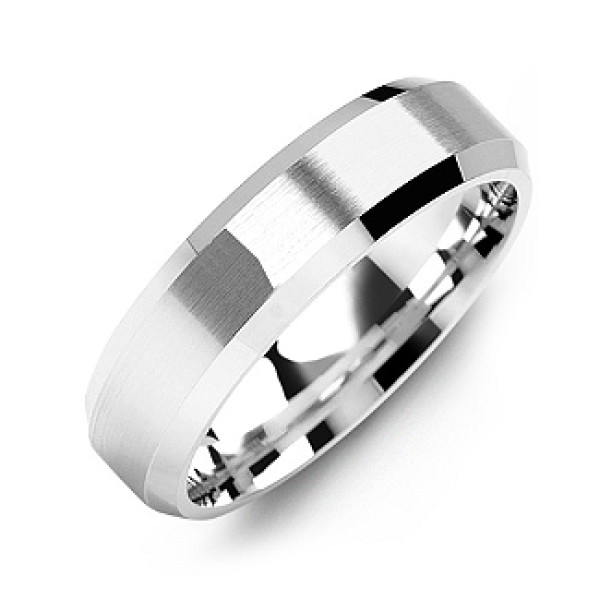 Modern Brushed Men's Solid White Gold Ring with Beveled Edges