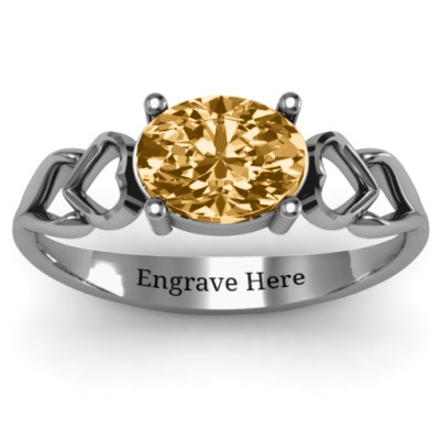 Oval Solitaire Solid White Gold Ring with Surrounding Hearts