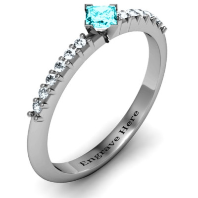 Princess Centre Stone Solid White Gold Ring with Twin Accent Rows