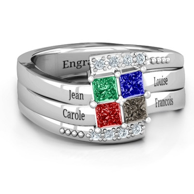 Quad Princess Stone Solid White Gold Ring with Accents
