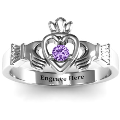 Round Stone Claddagh Solid White Gold Ring