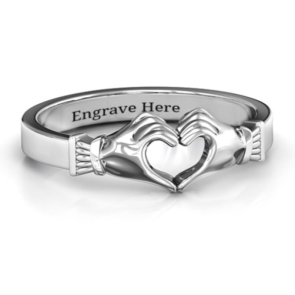 Sculpted Hand Heart Solid White Gold Ring