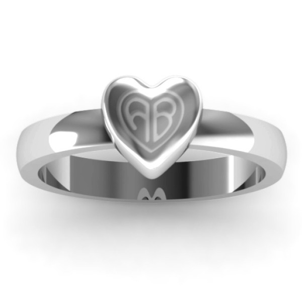 Small Engraved Monogram Heart Solid White Gold Ring