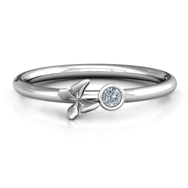 Soaring Butterfly with Stone 'Flower' Solid White Gold Ring