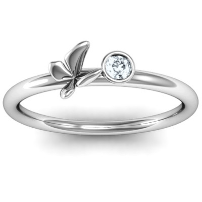 Soaring Butterfly with Stone 'Flower' Solid White Gold Ring