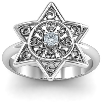 Star of David with Filigree Solid White Gold Ring