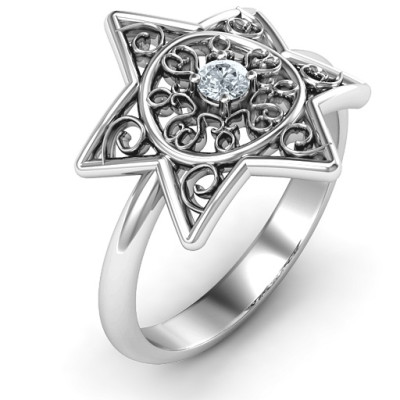 Star of David with Filigree Solid White Gold Ring