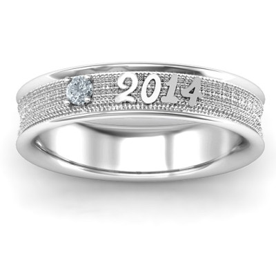 18CT White Gold 2014 Unisex Textured Graduation Ring with Emerald Stone