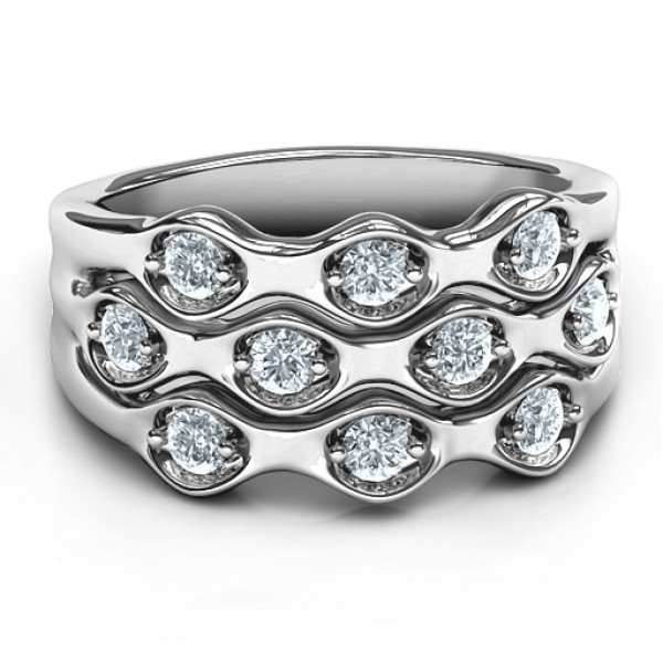 18CT White Gold 3 Tier Wave Ring With Diamonds