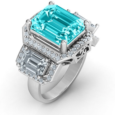 18CT White Gold Emerald Cut Trinity Ring with Triple Halo