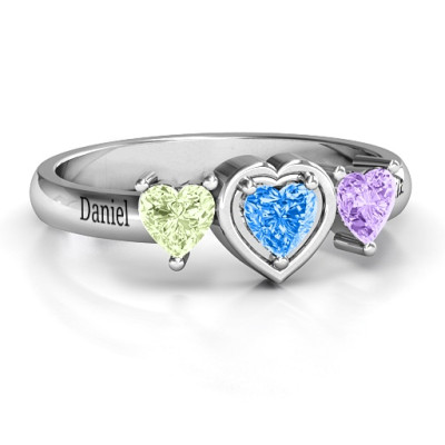 18CT White Gold Heart Stone with Twin Heart Accents Ring