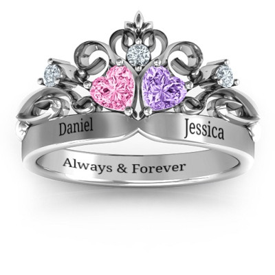 18CT White Gold Royal Romance Double Heart Tiara Ring with Engravings