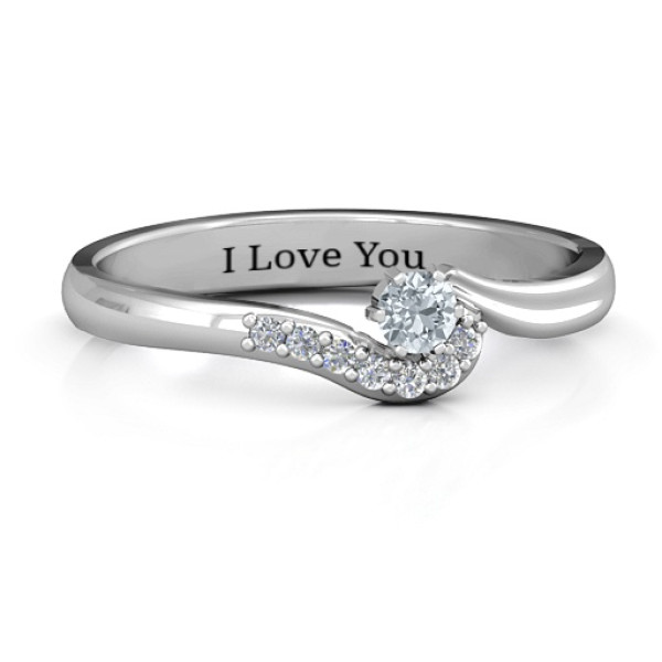 18CT White Gold Solitaire Wave Ring with Stone Accents