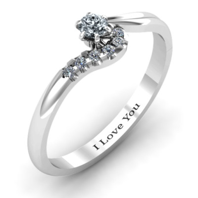 18CT White Gold Solitaire Wave Ring with Stone Accents