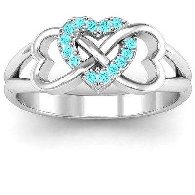 18CT White Gold Triple Heart Infinity Ring with Mint Swarovski Zirconia Stones