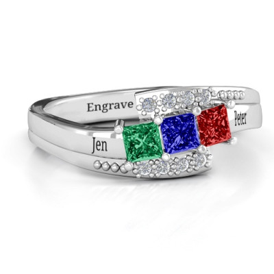 18CT White Gold Triple Princess Stone Ring with Accents