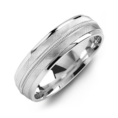 Textured Men's Solid White Gold Ring with Centre Milgrain Detail