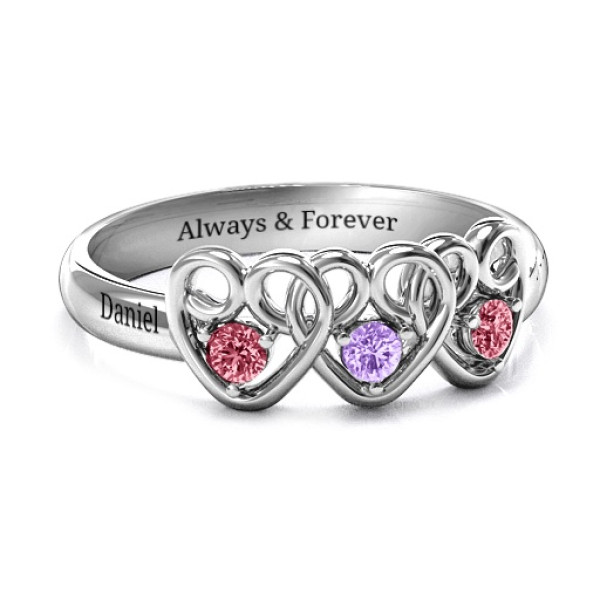 Three's Company Triple Heart Gemstone Solid White Gold Ring