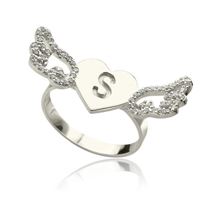 Heart Angel Wings Solid White Gold Ring Engraved Initial Birthstone