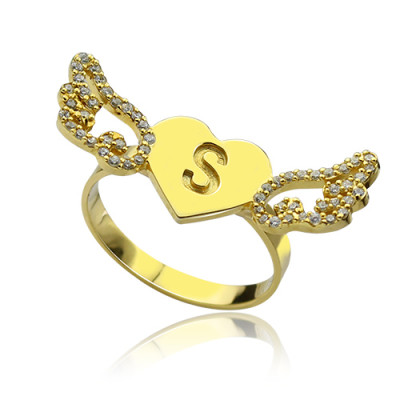 Angel Wings Heart Ring with Birthstone Initial - 18CT Gold