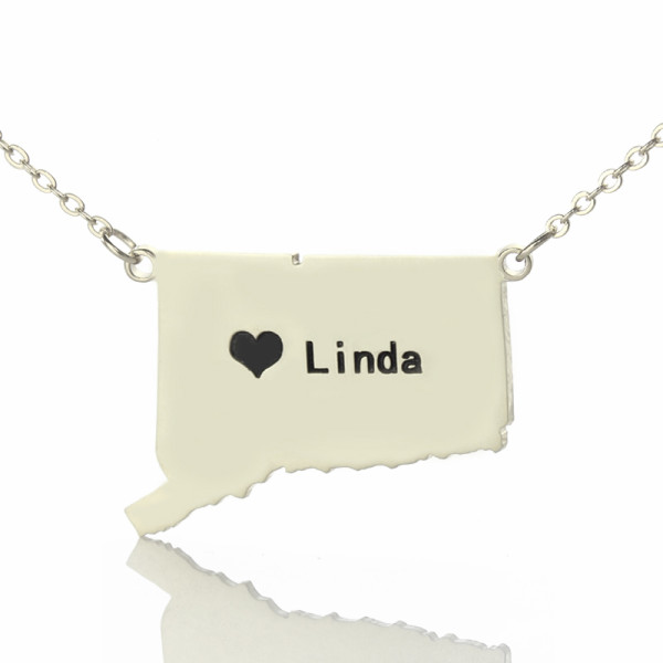 Solid White Gold Connecticut State Shaped Name Necklace s