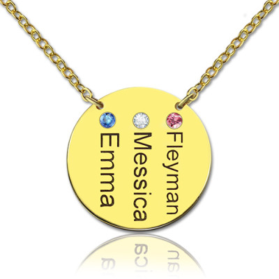 Disc Birthstone Family Names Necklace - 18CT Gold