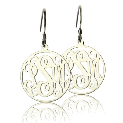 Solid White Gold Circle Monogrammed Initial Earrings