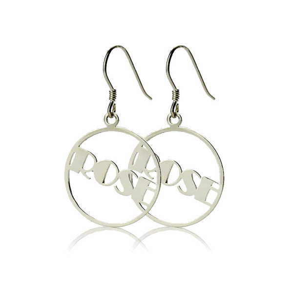 18CT White Gold Broadway Font Circle Name Earrings