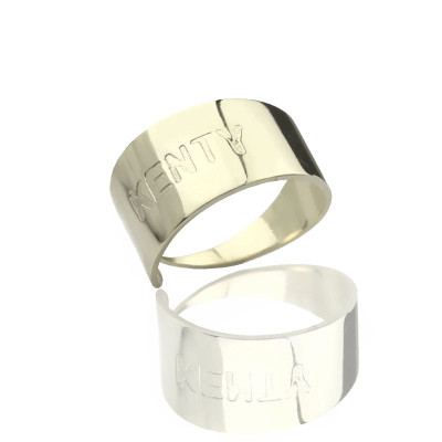 Engraved Name Cuff Solid White Gold Rings