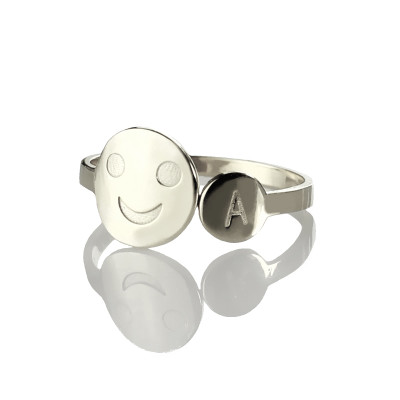 Smile Solid White Gold Ring with Initial