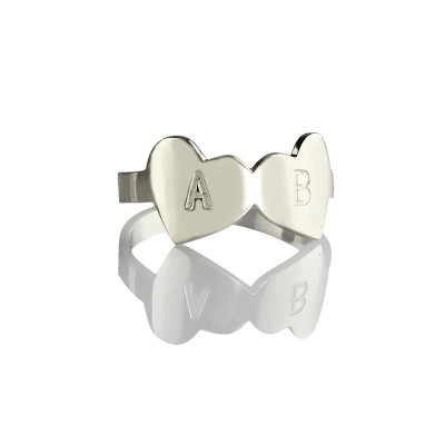 Double Heart Solid Gold Ring Engraved Letter