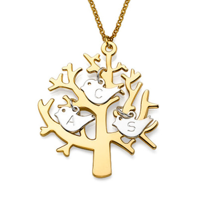 Gold Tree Name Necklace with Initial Birds