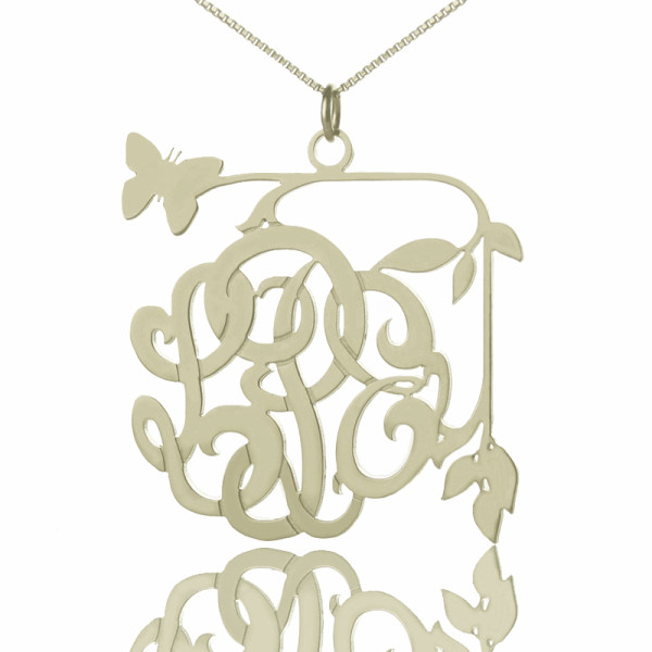 Solid White Gold Custom Butterfly Script Monogram Necklace