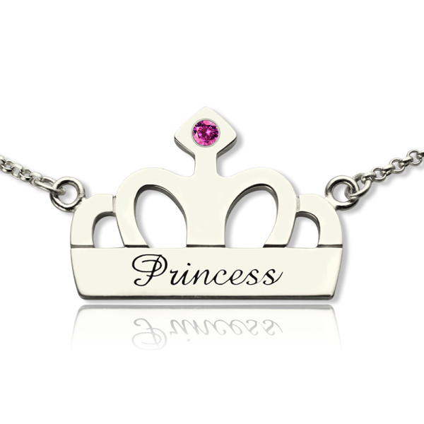 Solid White Gold Crown Charm Neckalce with Birthstone Name