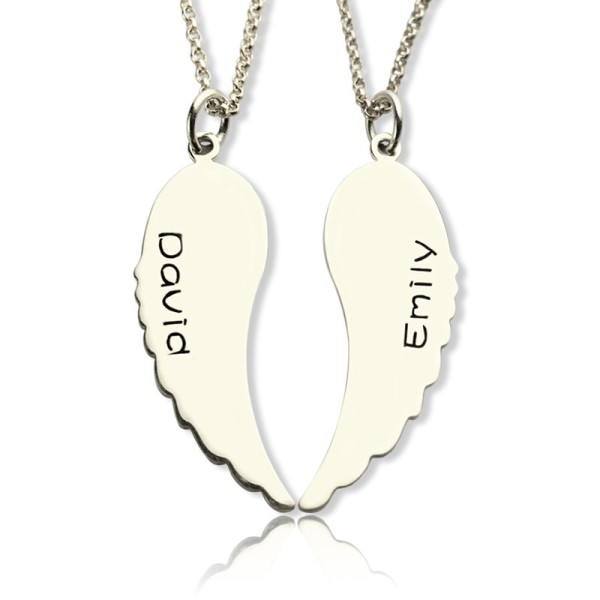 Solid White Gold Custom Cute His and Her Angel Wings Name Necklace s Set
