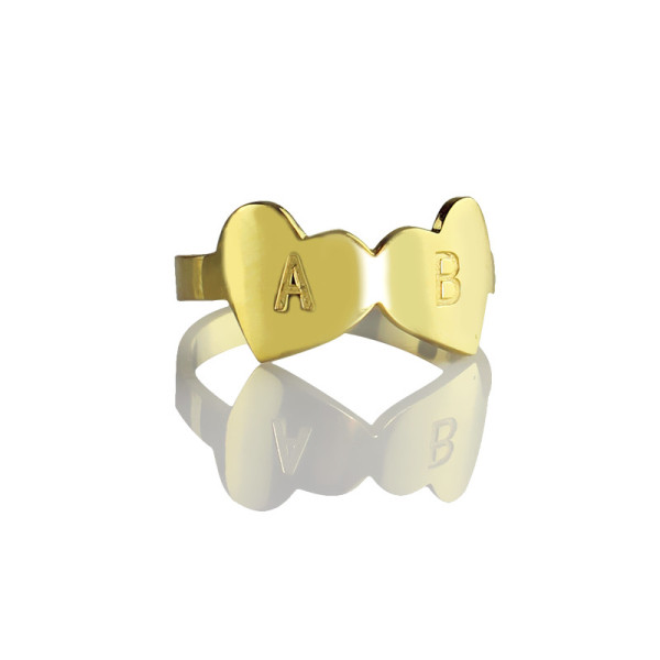 Custom Double Heart Ring Engraved Letter - 18CT Gold